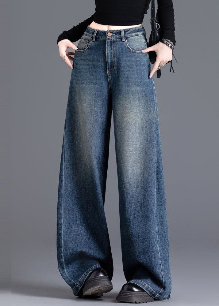 French Navy Oversized Wrinkled Denim Wide Leg Skirt Spring