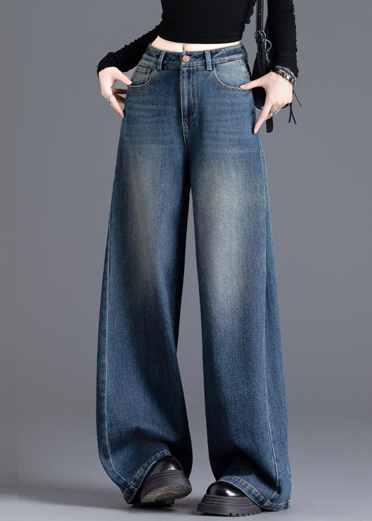 French Navy Oversized Wrinkled Denim Wide Leg Skirt Spring