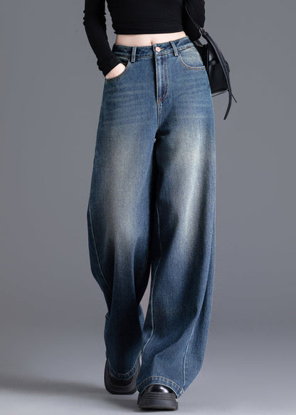 French Navy Oversized Wrinkled Denim Wide Leg Skirt Spring