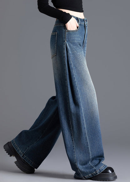 French Navy Oversized Wrinkled Denim Wide Leg Skirt Spring