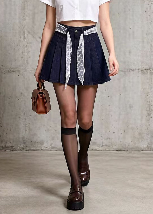 French Navy Pleated Denim Short Skirt Summer