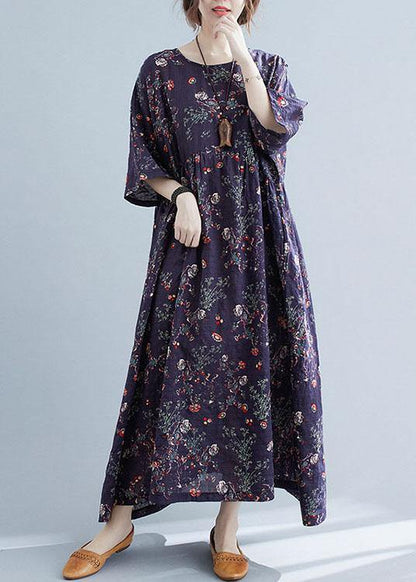 French Navy Print Pockets Loose Summer Half Sleeve Long Dress - SooLinen