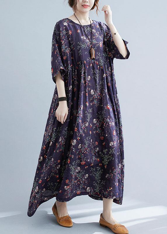 French Navy Print Pockets Loose Summer Half Sleeve Long Dress - SooLinen