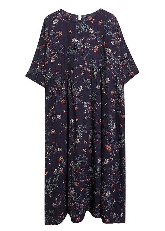 French Navy Print Pockets Loose Summer Half Sleeve Long Dress - SooLinen