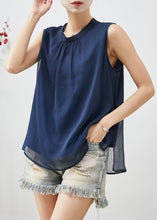 Load image into Gallery viewer, French Navy Stand Collar Chiffon Tanks Sleeveless