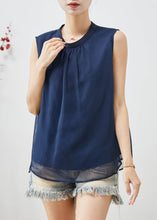Load image into Gallery viewer, French Navy Stand Collar Chiffon Tanks Sleeveless