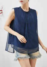Load image into Gallery viewer, French Navy Stand Collar Chiffon Tanks Sleeveless