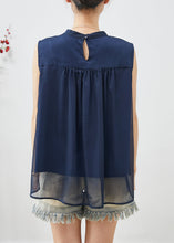 Load image into Gallery viewer, French Navy Stand Collar Chiffon Tanks Sleeveless