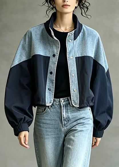 French Navy Stand Collar Oversized Patchwork Denim Jacket Fall