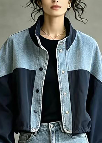 French Navy Stand Collar Oversized Patchwork Denim Jacket Fall