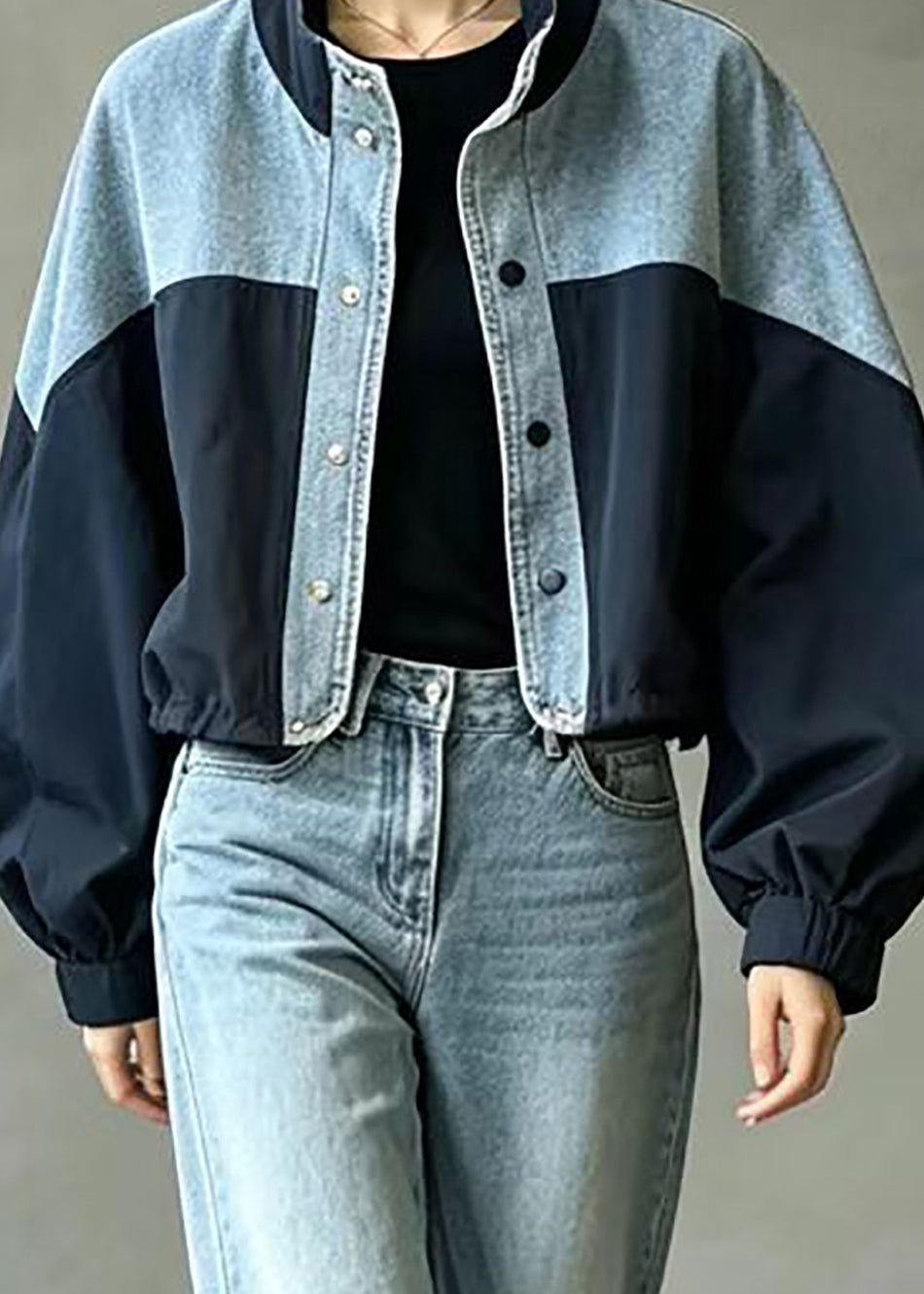 French Navy Stand Collar Oversized Patchwork Denim Jacket Fall
