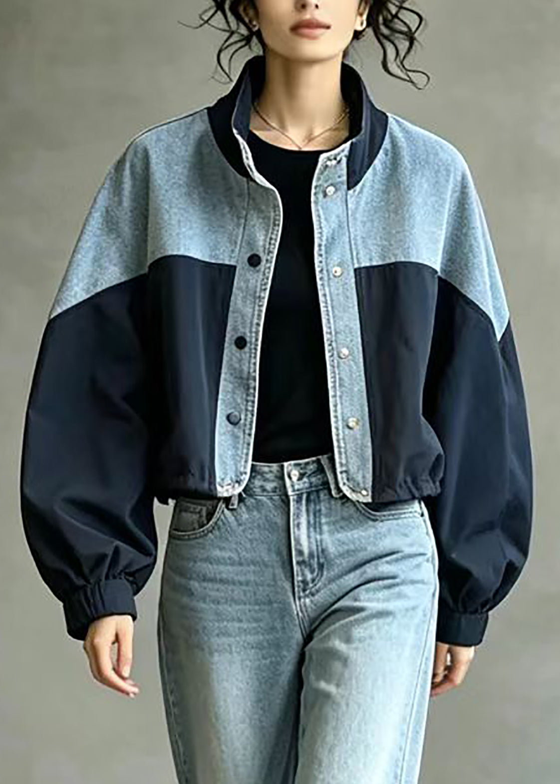 French Navy Stand Collar Oversized Patchwork Denim Jacket Fall
