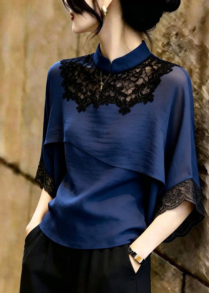 French Navy Stand Collar Patchwork Lace Blouse Tops Summer
