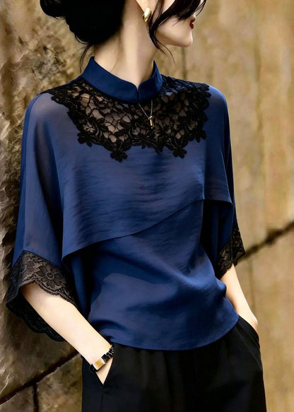French Navy Stand Collar Patchwork Lace Blouse Tops Summer