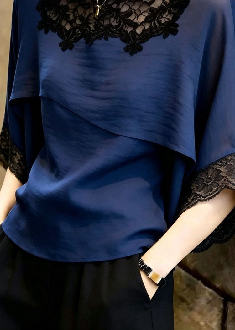 French Navy Stand Collar Patchwork Lace Blouse Tops Summer