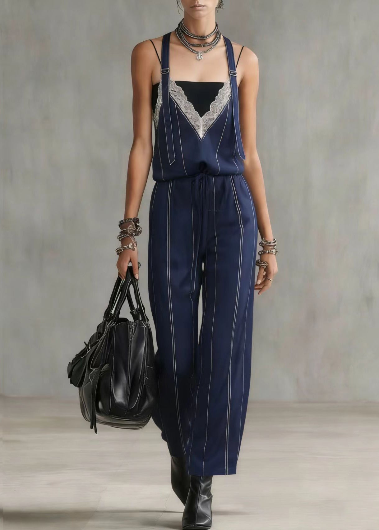 French Navy Striped Lace Patchwork Spandex Jumpsuits Summer