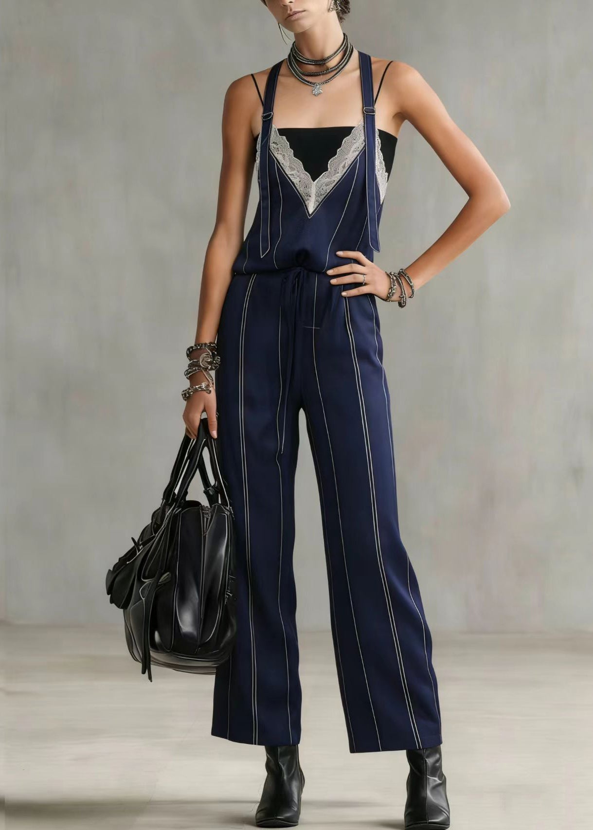 French Navy Striped Lace Patchwork Spandex Jumpsuits Summer