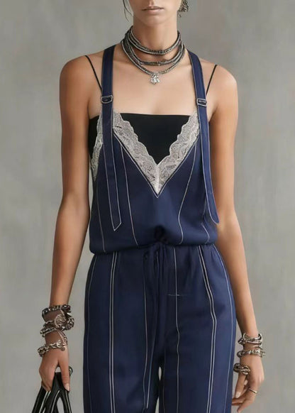 French Navy Striped Lace Patchwork Spandex Jumpsuits Summer