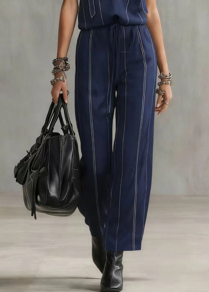French Navy Striped Lace Patchwork Spandex Jumpsuits Summer