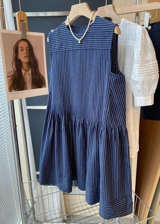 French Navy Striped Wrinkled Cotton Mid Dress Sleeveless