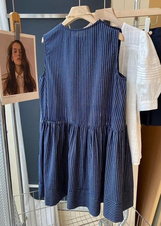 French Navy Striped Wrinkled Cotton Mid Dress Sleeveless
