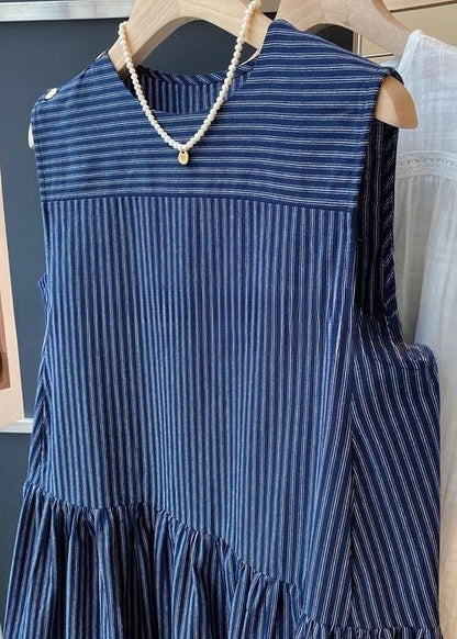 French Navy Striped Wrinkled Cotton Mid Dress Sleeveless