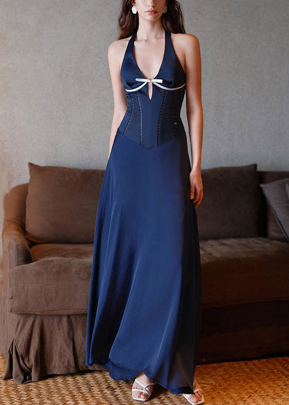 French Navy V Neck Bow Hollow Out Cotton Long Dress Sleeveless