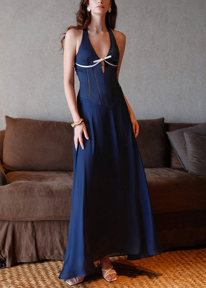 French Navy V Neck Bow Hollow Out Cotton Long Dress Sleeveless