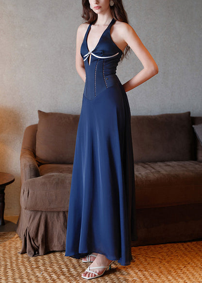 French Navy V Neck Bow Hollow Out Cotton Long Dress Sleeveless