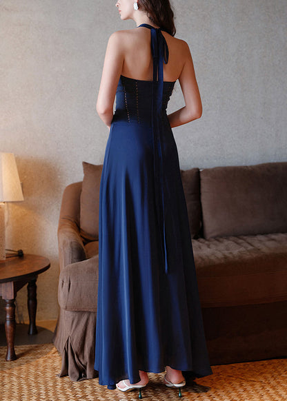 French Navy V Neck Bow Hollow Out Cotton Long Dress Sleeveless