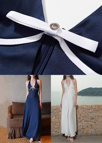 French Navy V Neck Bow Hollow Out Cotton Long Dress Sleeveless