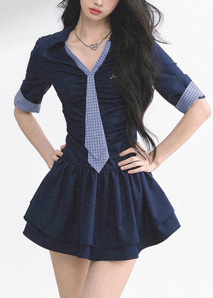 French Navy V Neck Cotton Mini Dress Half Sleeve