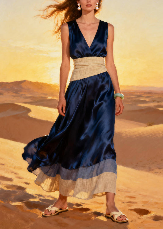 French Navy V Neck Patchwork Silk Vacation Dresses Summer