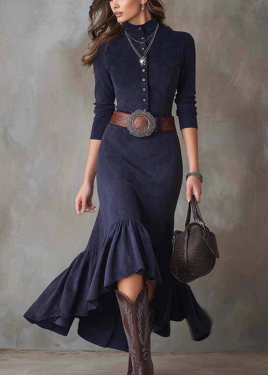 French Navy Wrinkled Button Solid Faux Suede Long Dress Spring