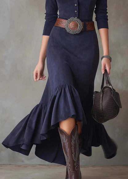 French Navy Wrinkled Button Solid Faux Suede Long Dress Spring