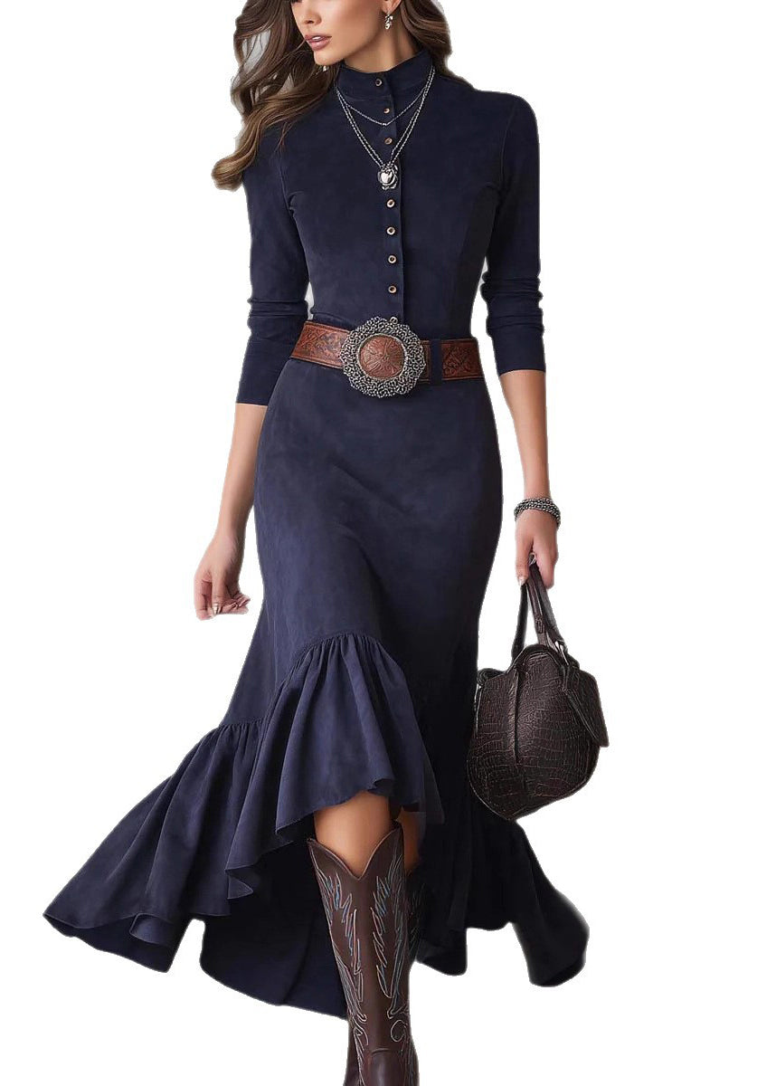 French Navy Wrinkled Button Solid Faux Suede Long Dress Spring