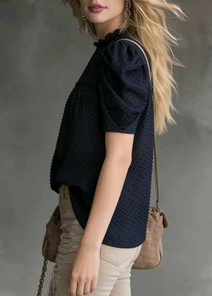 French Navy Wrinkled Solid Cotton Blouses Puff Sleeve