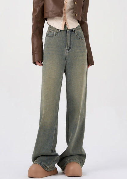 French Nostalgic Blue Pockets High Waist Warm Fleece Denim Pants Spring