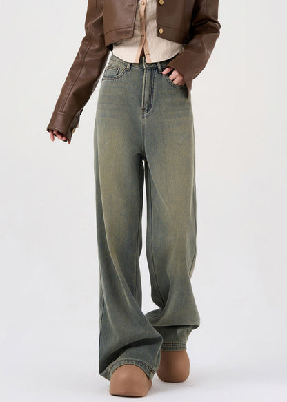 French Nostalgic Blue Pockets High Waist Warm Fleece Denim Pants Spring