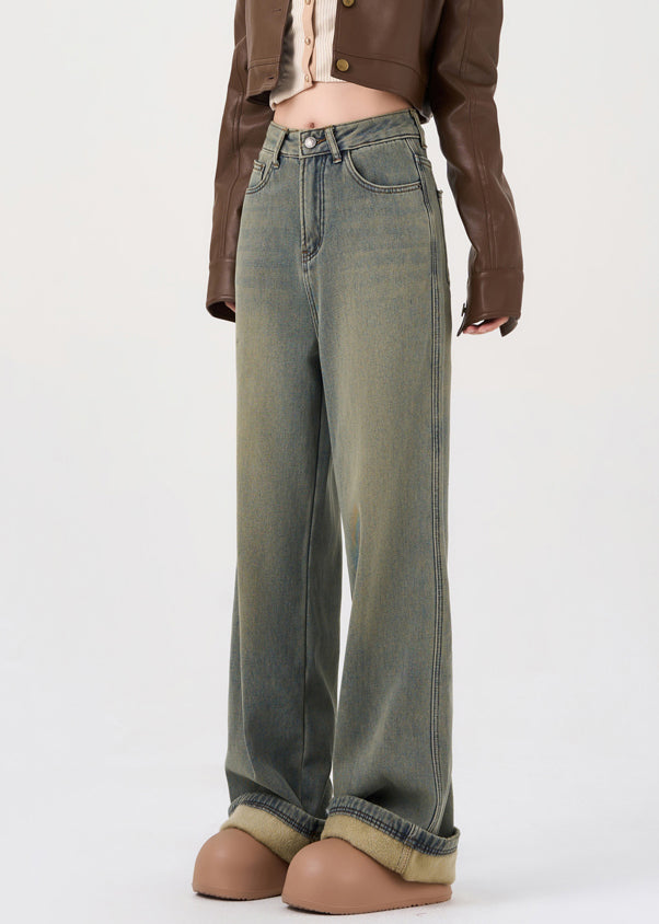 French Nostalgic Blue Pockets High Waist Warm Fleece Denim Pants Spring