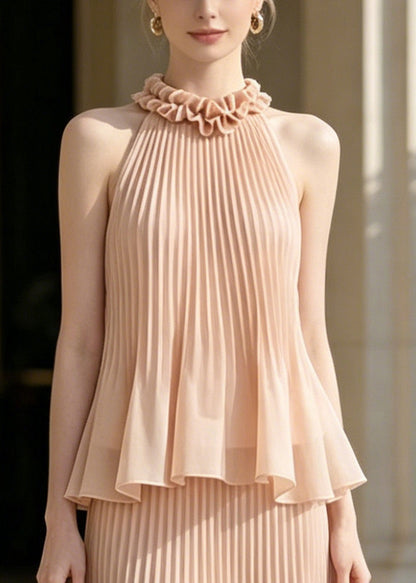 French Nude Ruffled Wrinkled Chiffon Two Pieces Set Sleeveless