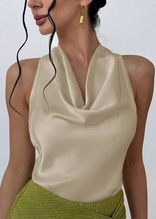 French Nude Turtle Neck Silk Tops Sleeveless