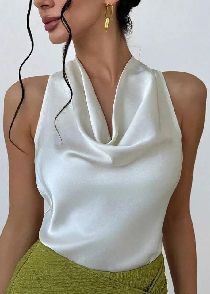 French Nude Turtle Neck Silk Tops Sleeveless