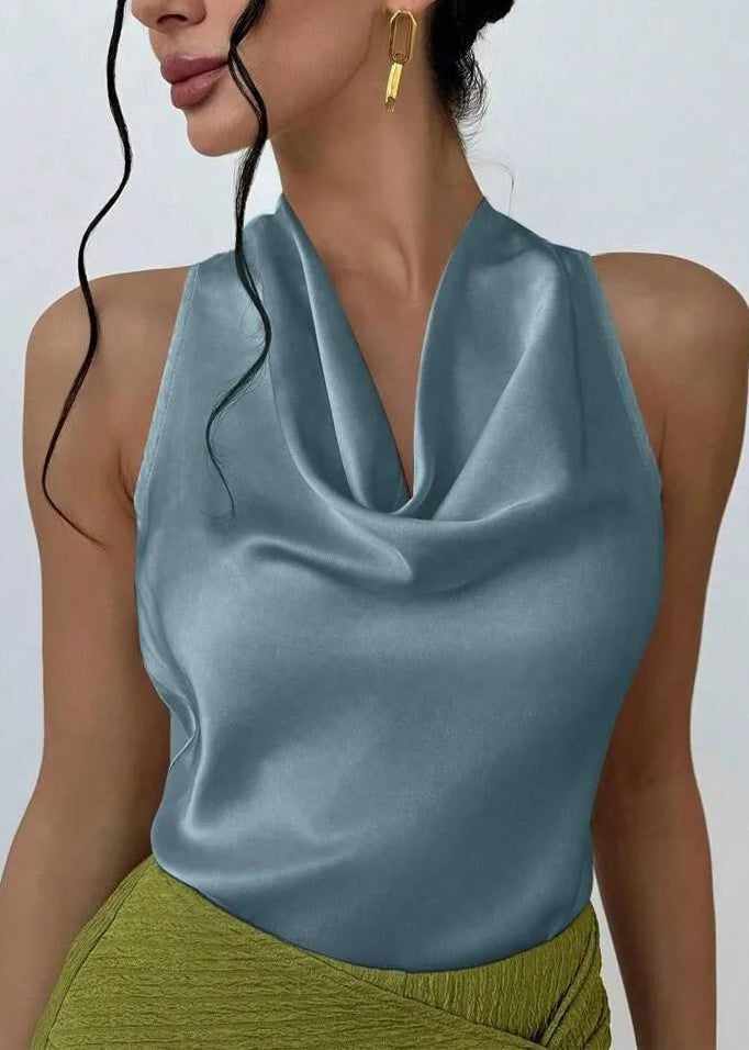 French Nude Turtle Neck Silk Tops Sleeveless