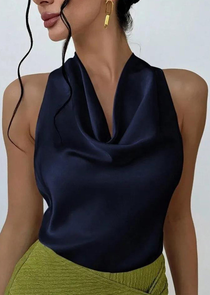 French Nude Turtle Neck Silk Tops Sleeveless