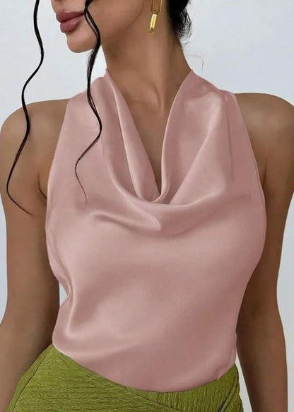French Nude Turtle Neck Silk Tops Sleeveless