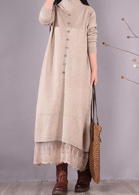 French O Neck Patchwork Lace Spring Clothes For Women Sewing Beige Robe Dresses - SooLinen