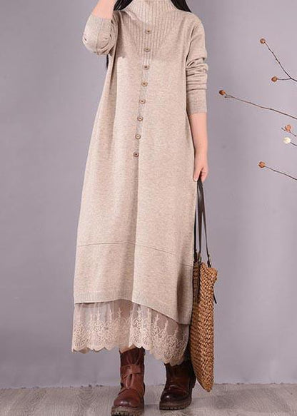 French O Neck Patchwork Lace Spring Clothes For Women Sewing Beige Robe Dresses - SooLinen