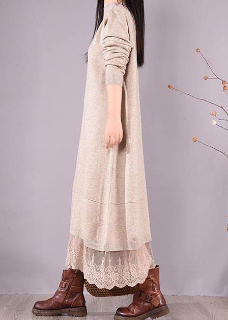 French O Neck Patchwork Lace Spring Clothes For Women Sewing Beige Robe Dresses - SooLinen
