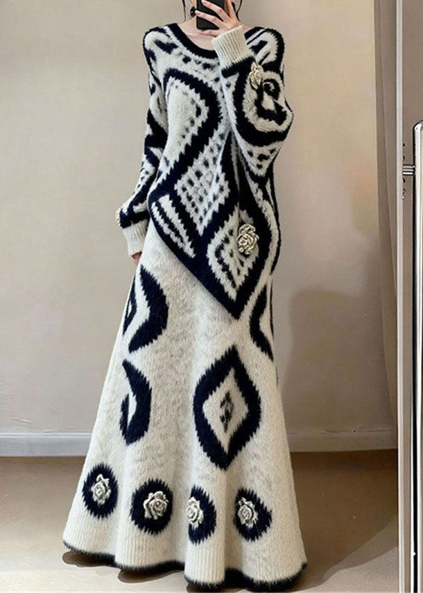 French O Neck Print Sweaters Top And Skirts Knit Two-Piece Set Fall
